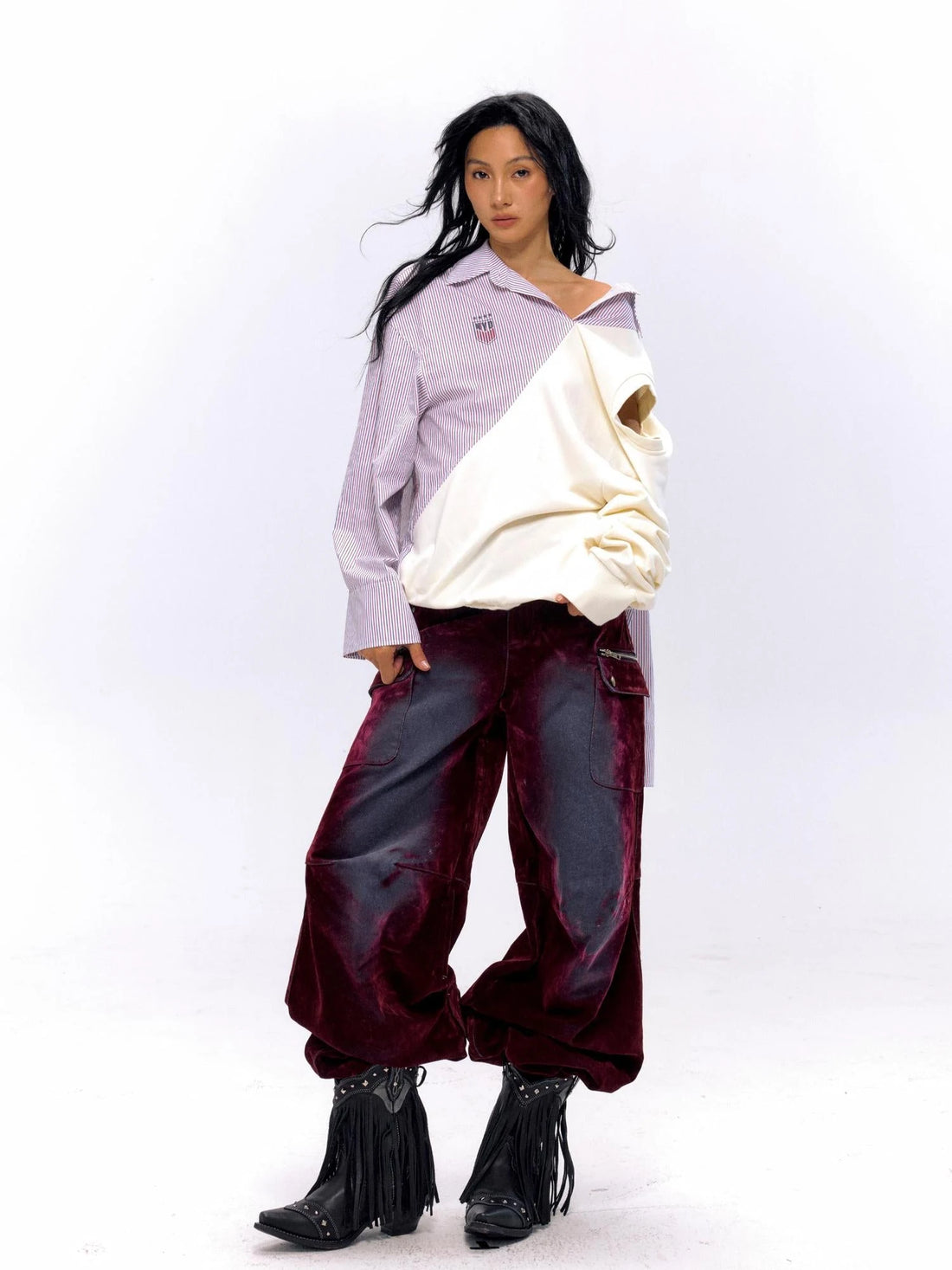 Striped Color Block Convertible Shirt Hoodie