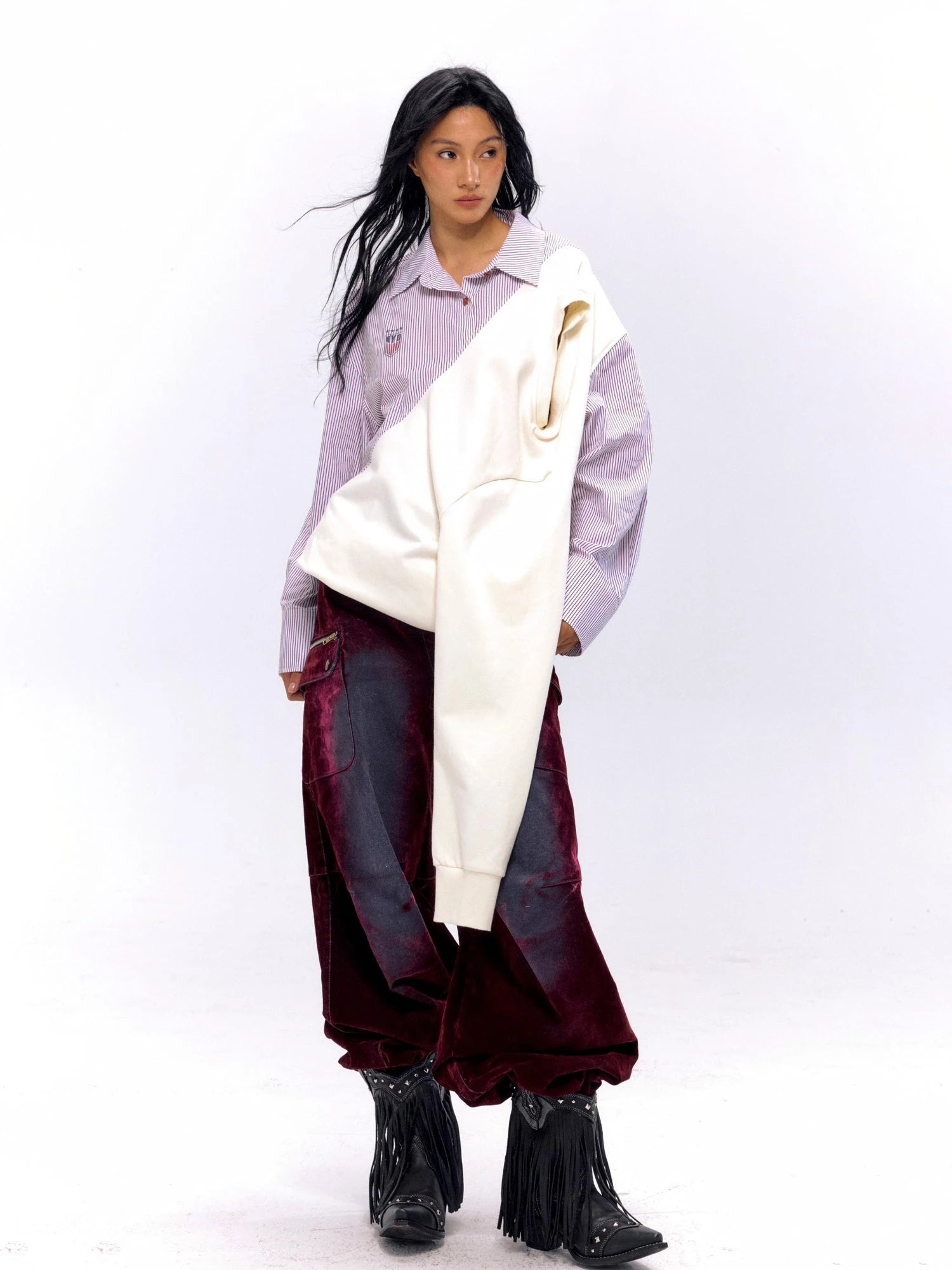 Striped Color Block Convertible Shirt Hoodie