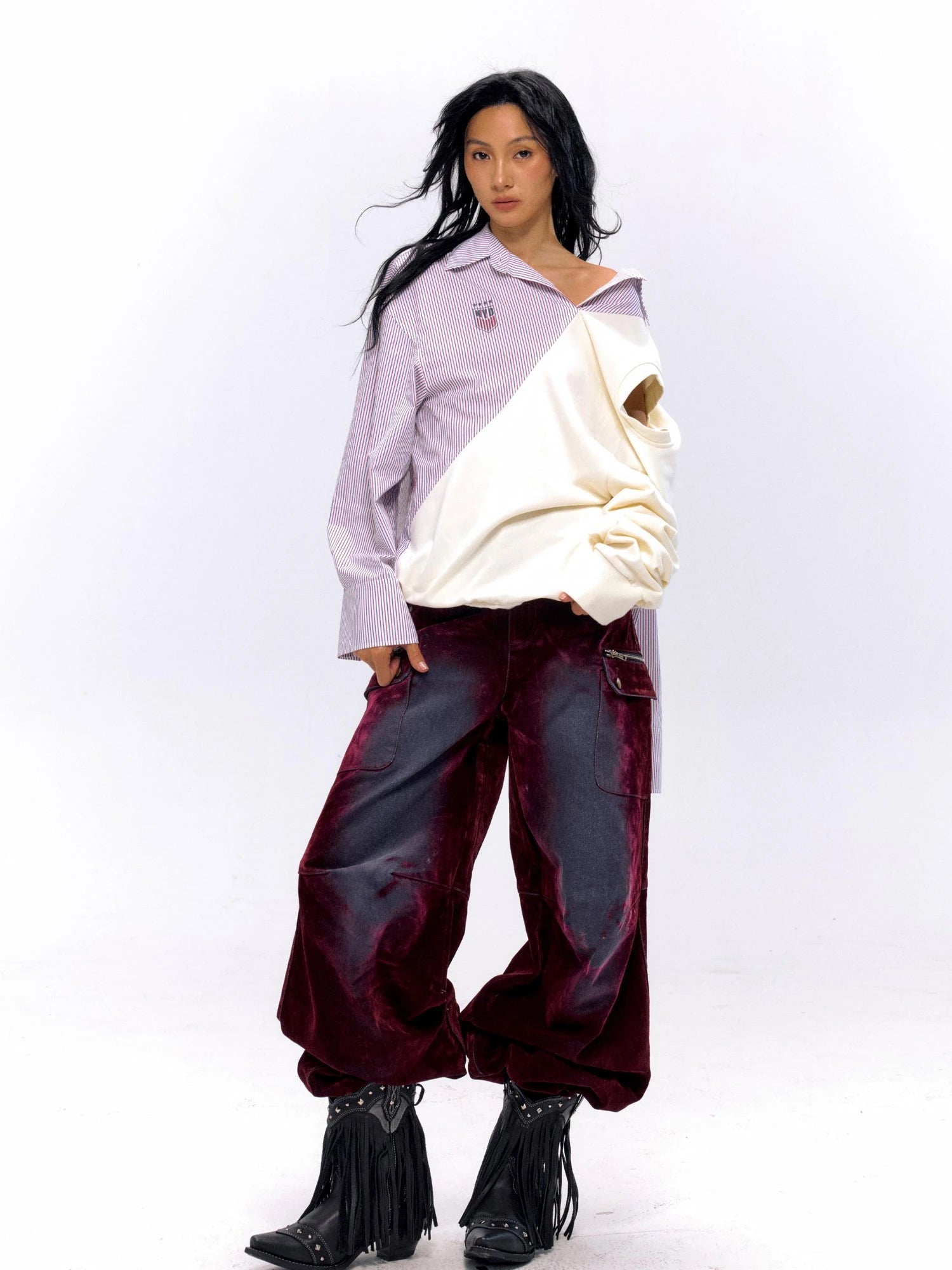 Striped Color Block Convertible Shirt Hoodie