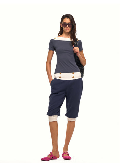 NyDkyel Striped Napoleon Button Bateau Neck Spliced Women&