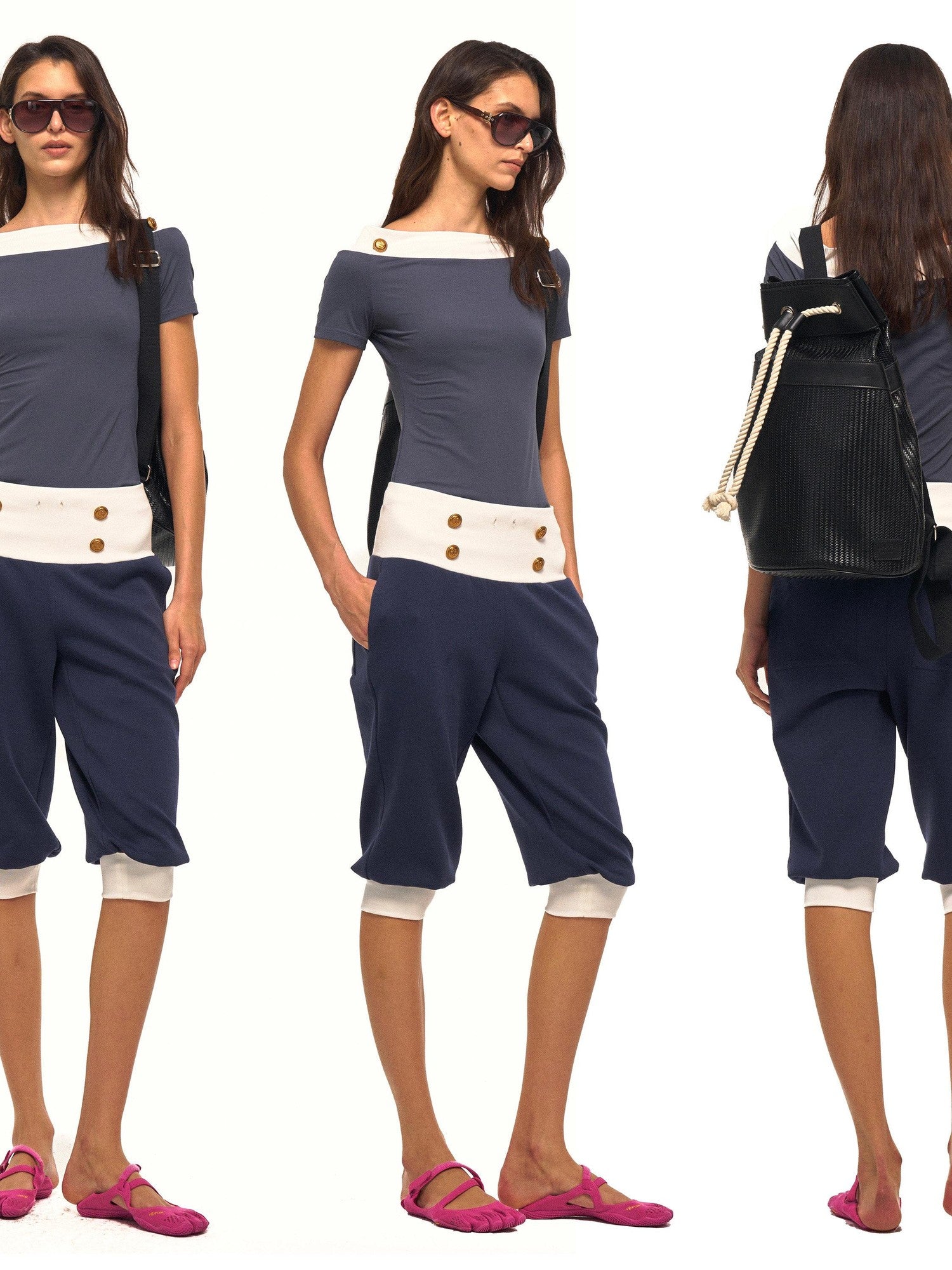 NyDkyel Striped Napoleon Button Bateau Neck Spliced Women&