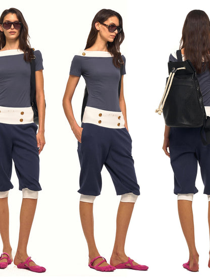 NyDkyel Striped Napoleon Button Bateau Neck Spliced Women&