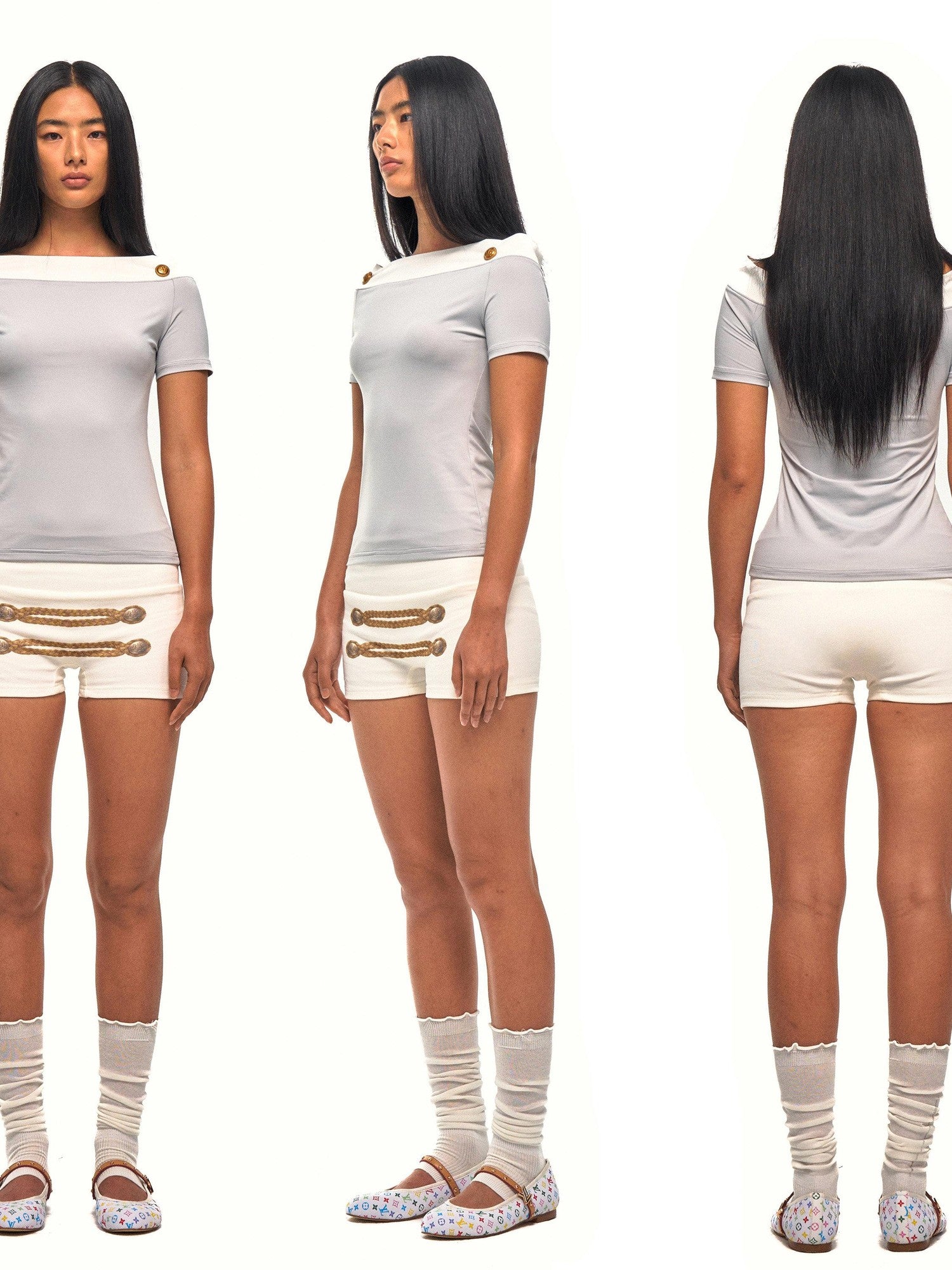 NyDkyel Striped Napoleon Button Bateau Neck Spliced Women&