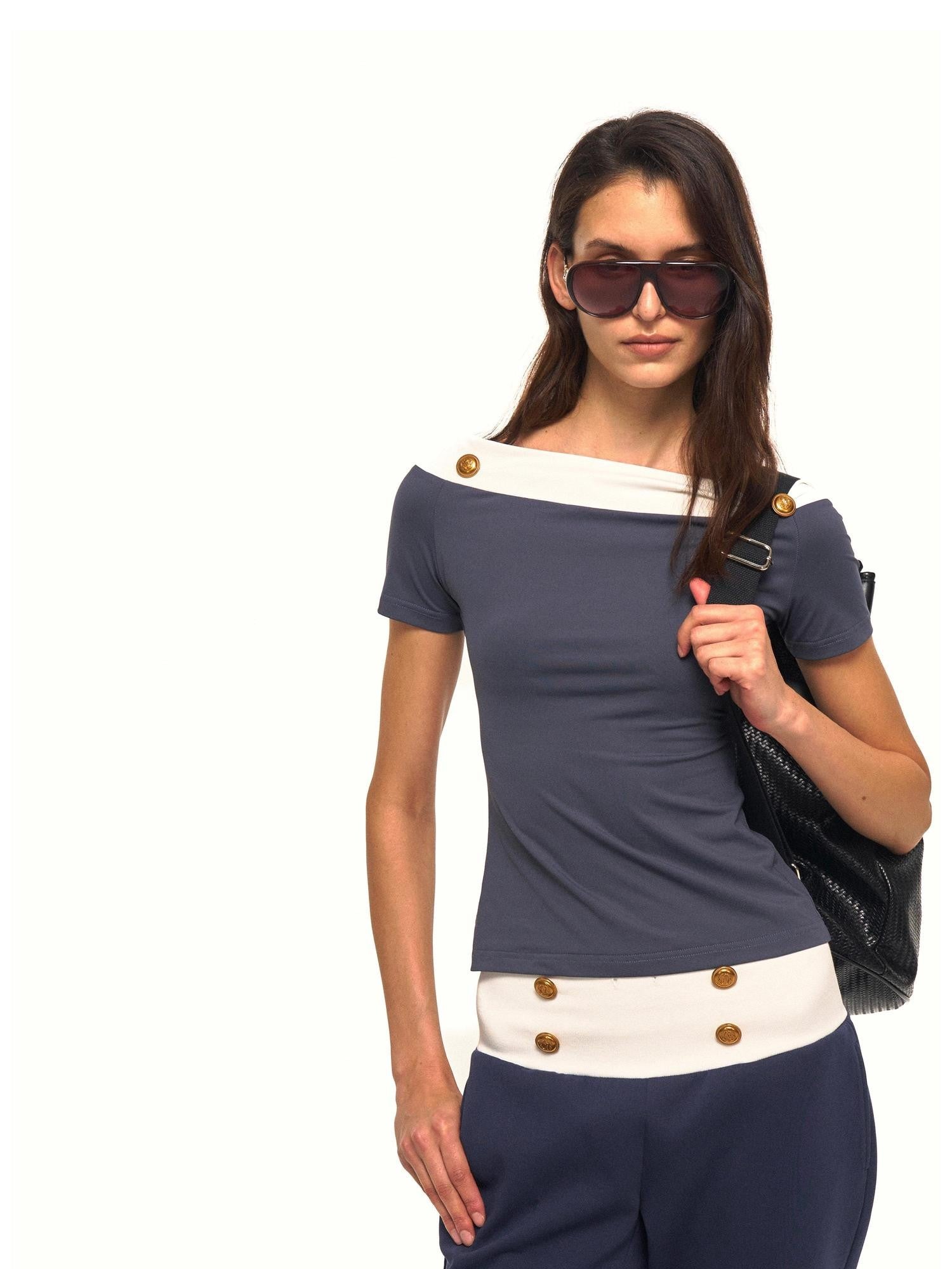NyDkyel Striped Napoleon Button Bateau Neck Spliced Women&