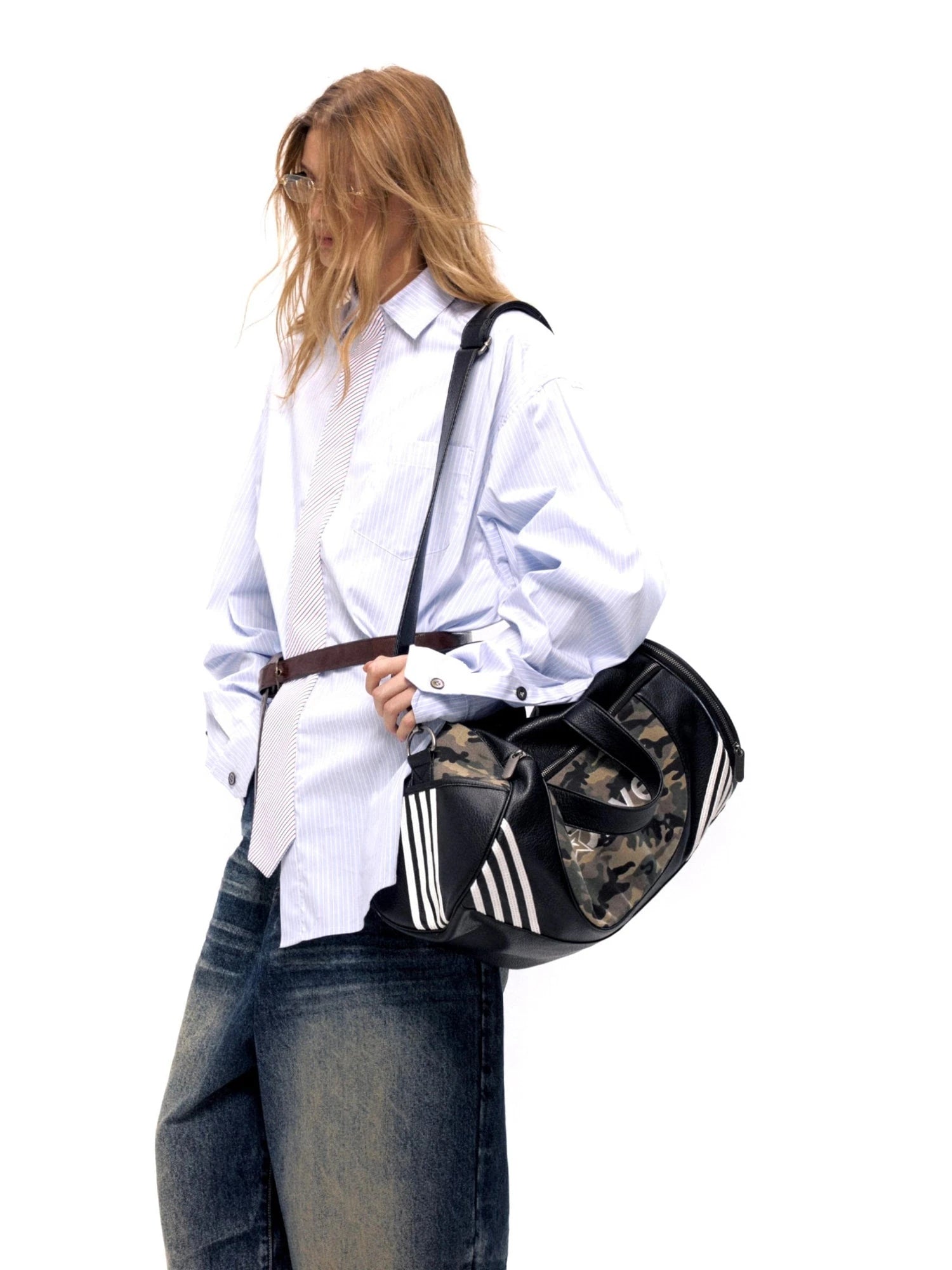 Striped Shirt With Contrast False Tie Detail