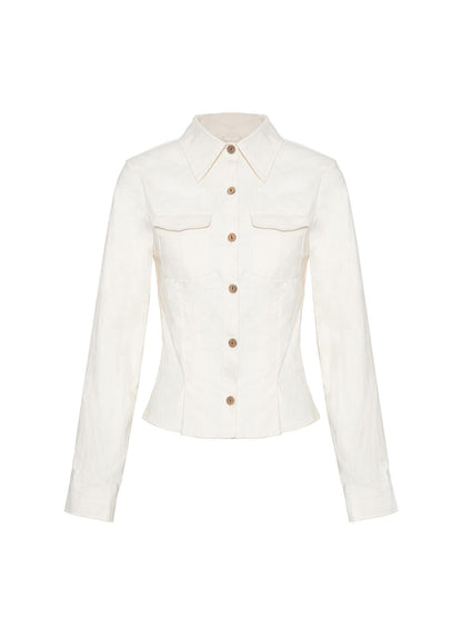NyDkyel Tailored White Paper Feel Shirt With Waist Definition V-Neck T-Shirt Long-Sleeve