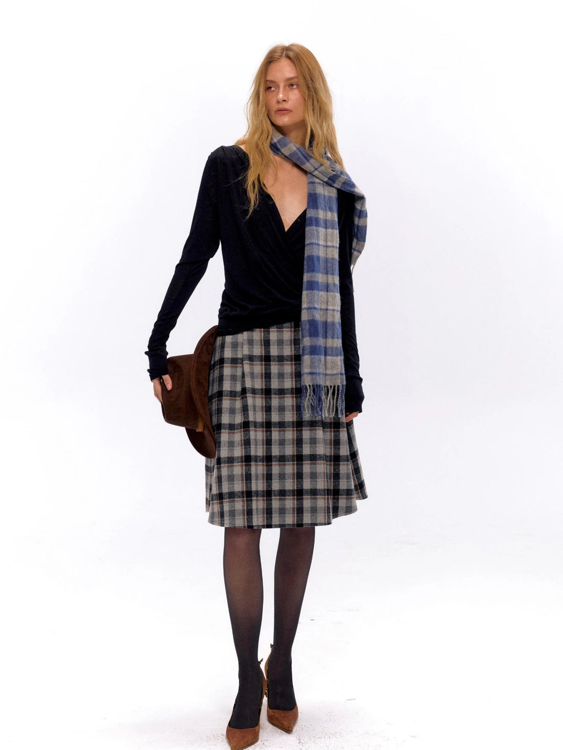 Tartan A Line Knee Length Skirt With Wooden Buttons