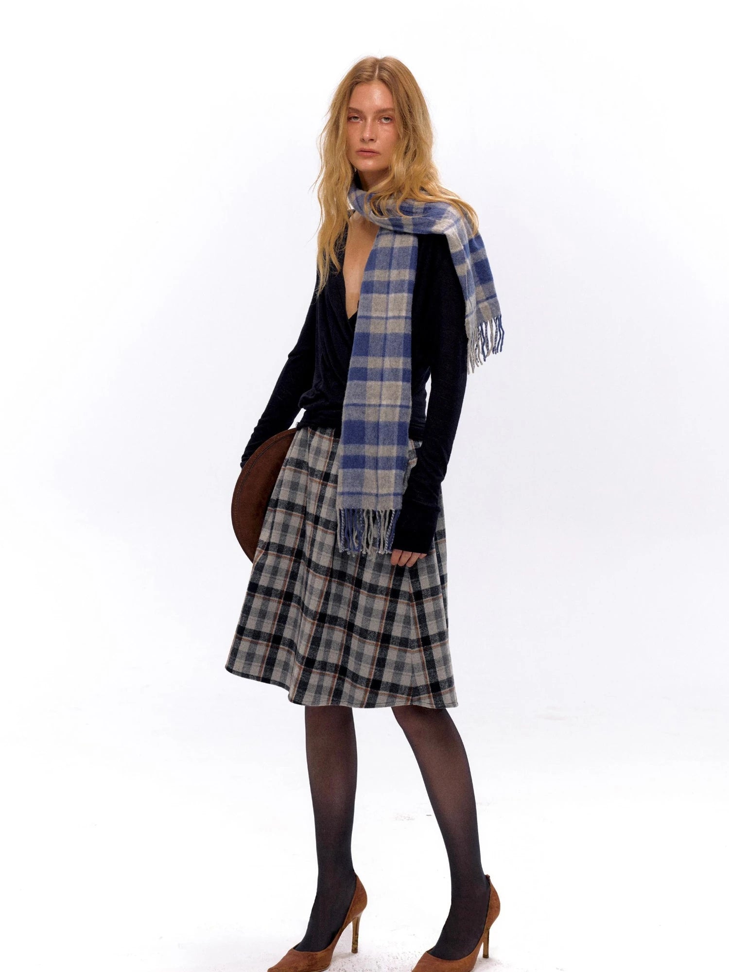 Tartan A Line Knee Length Skirt With Wooden Buttons