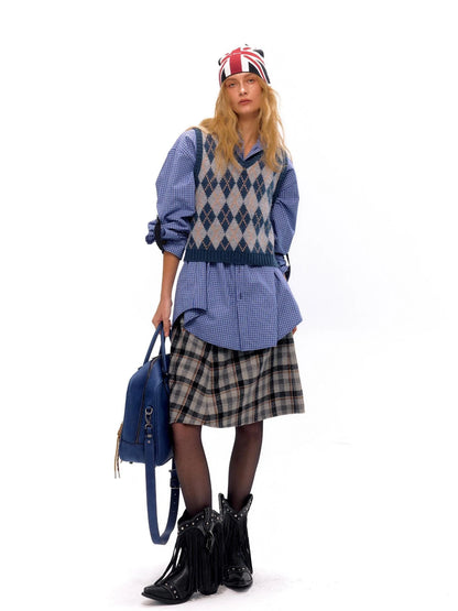 Tartan A Line Knee Length Skirt With Wooden Buttons