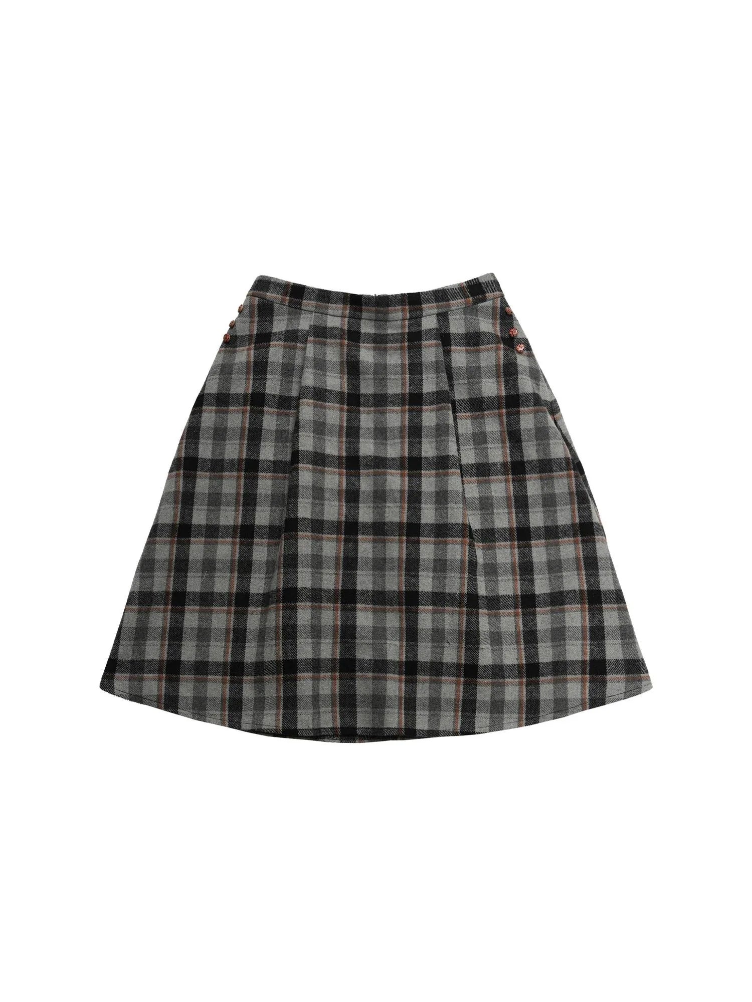 Tartan A Line Knee Length Skirt With Wooden Buttons