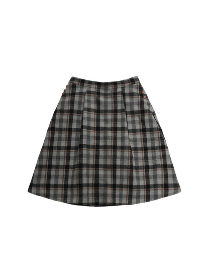 Tartan A Line Knee Length Skirt With Wooden Buttons