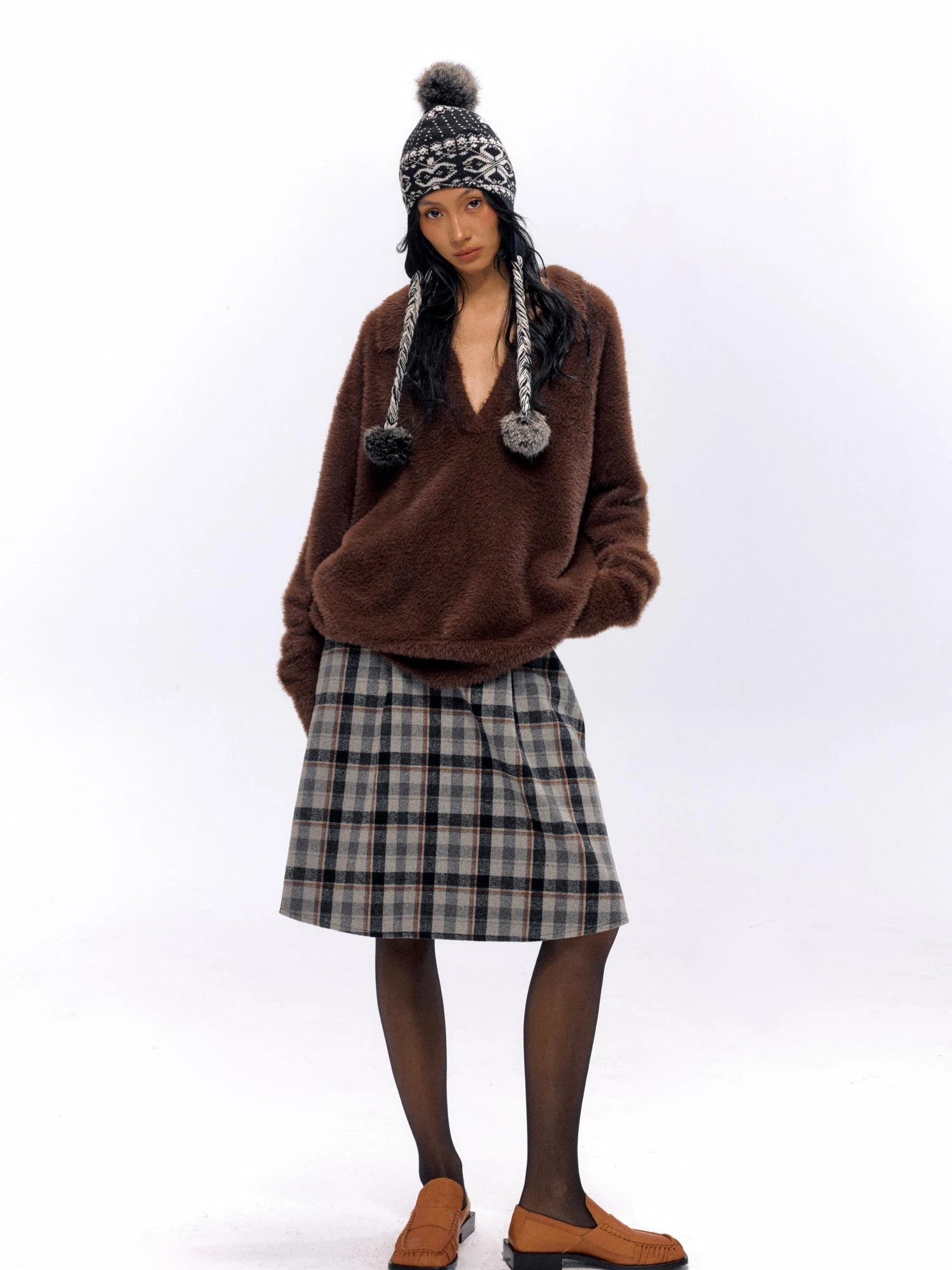 Tartan A Line Knee Length Skirt With Wooden Buttons