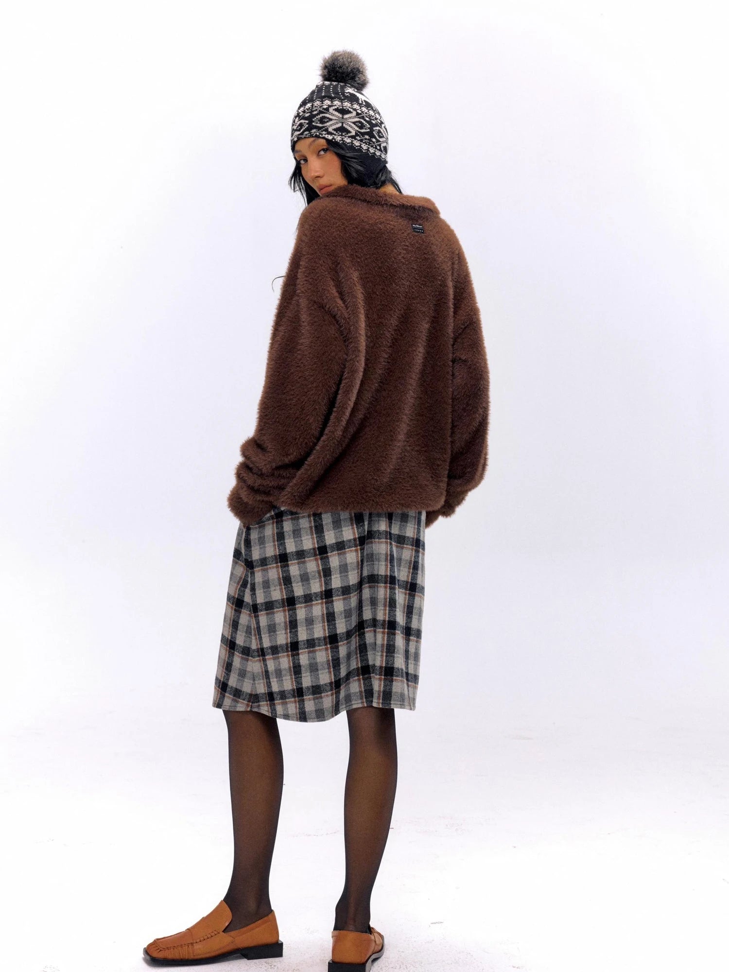 Tartan A Line Knee Length Skirt With Wooden Buttons