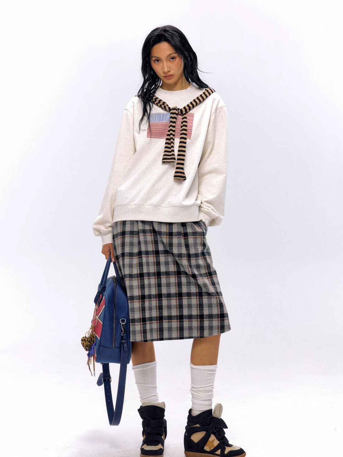 Tartan A Line Knee Length Skirt With Wooden Buttons