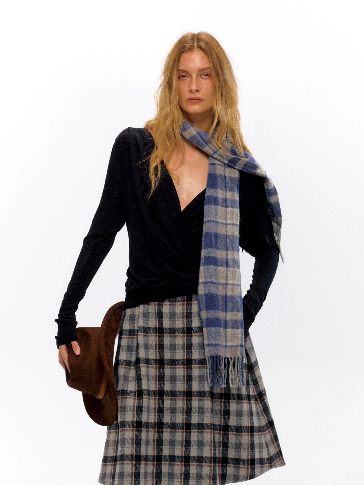 Tartan A Line Knee Length Skirt With Wooden Buttons