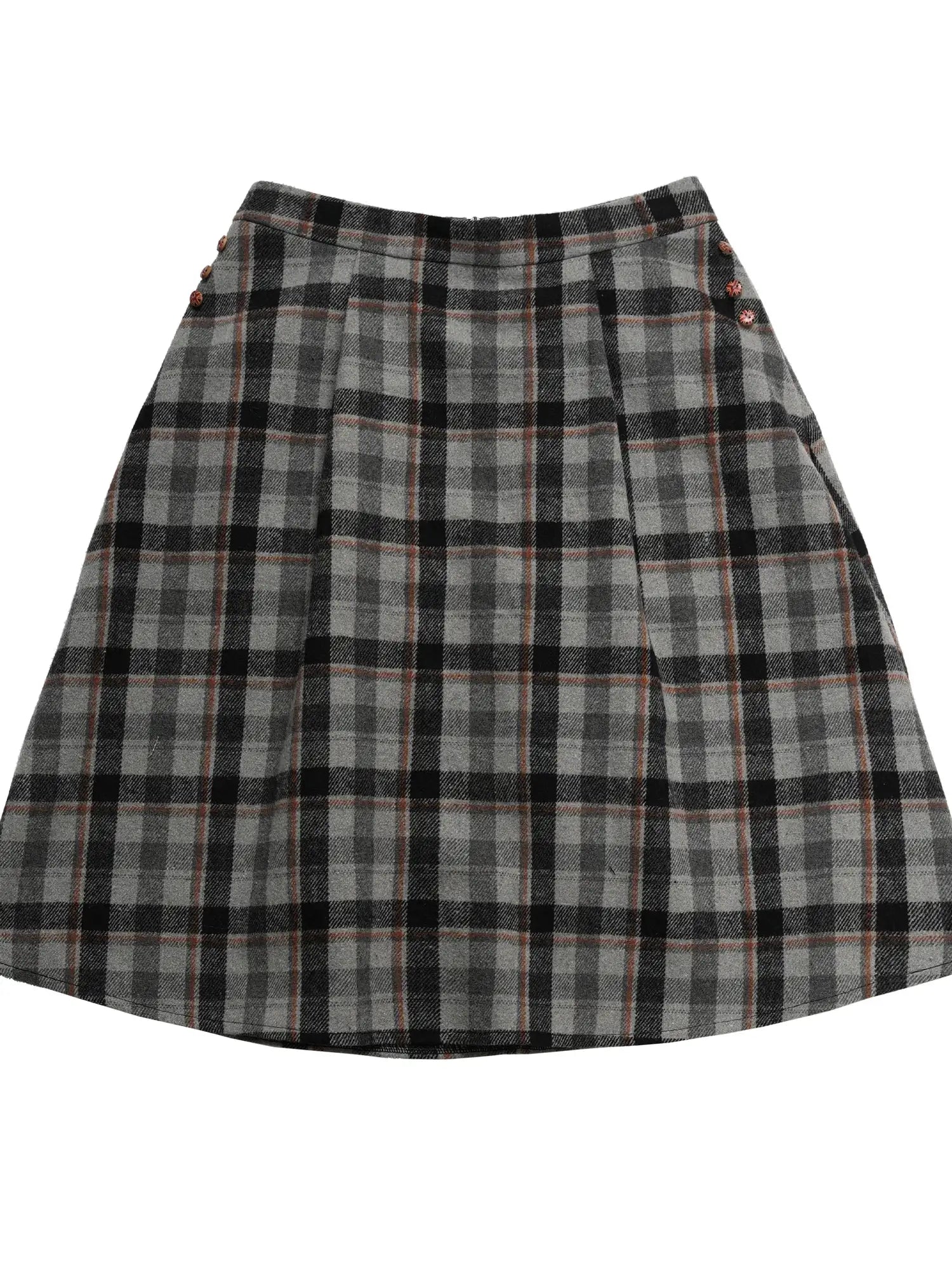 Tartan A Line Knee Length Skirt With Wooden Buttons