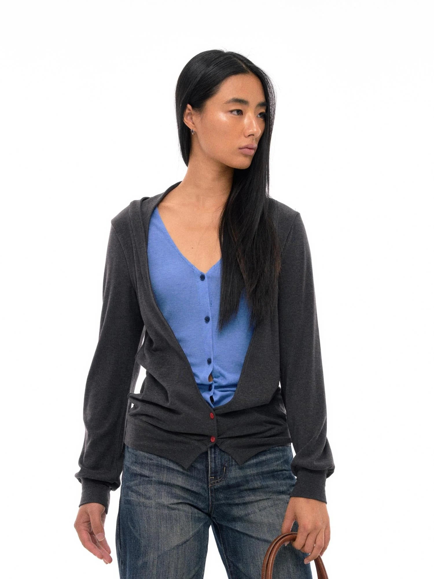 Tencel Merino Wool Blend Color Block Open Front Knit Top