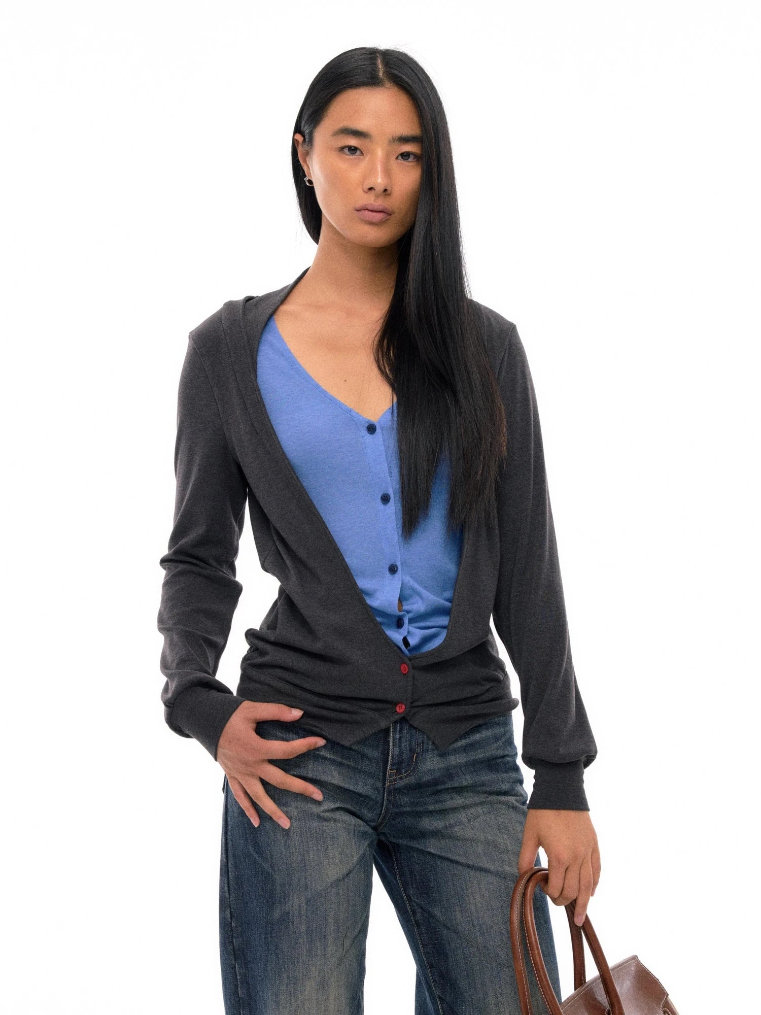Tencel Merino Wool Blend Color Block Open Front Knit Top