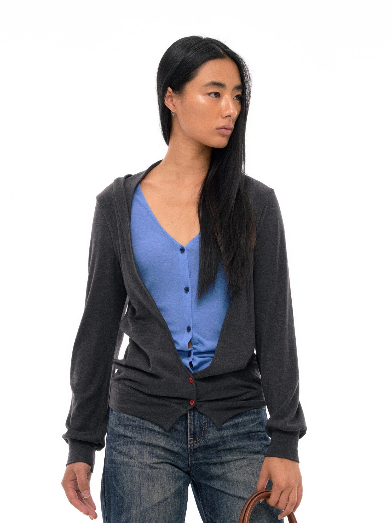 Tencel Merino Wool Blend Color Block Open Front Knit Top
