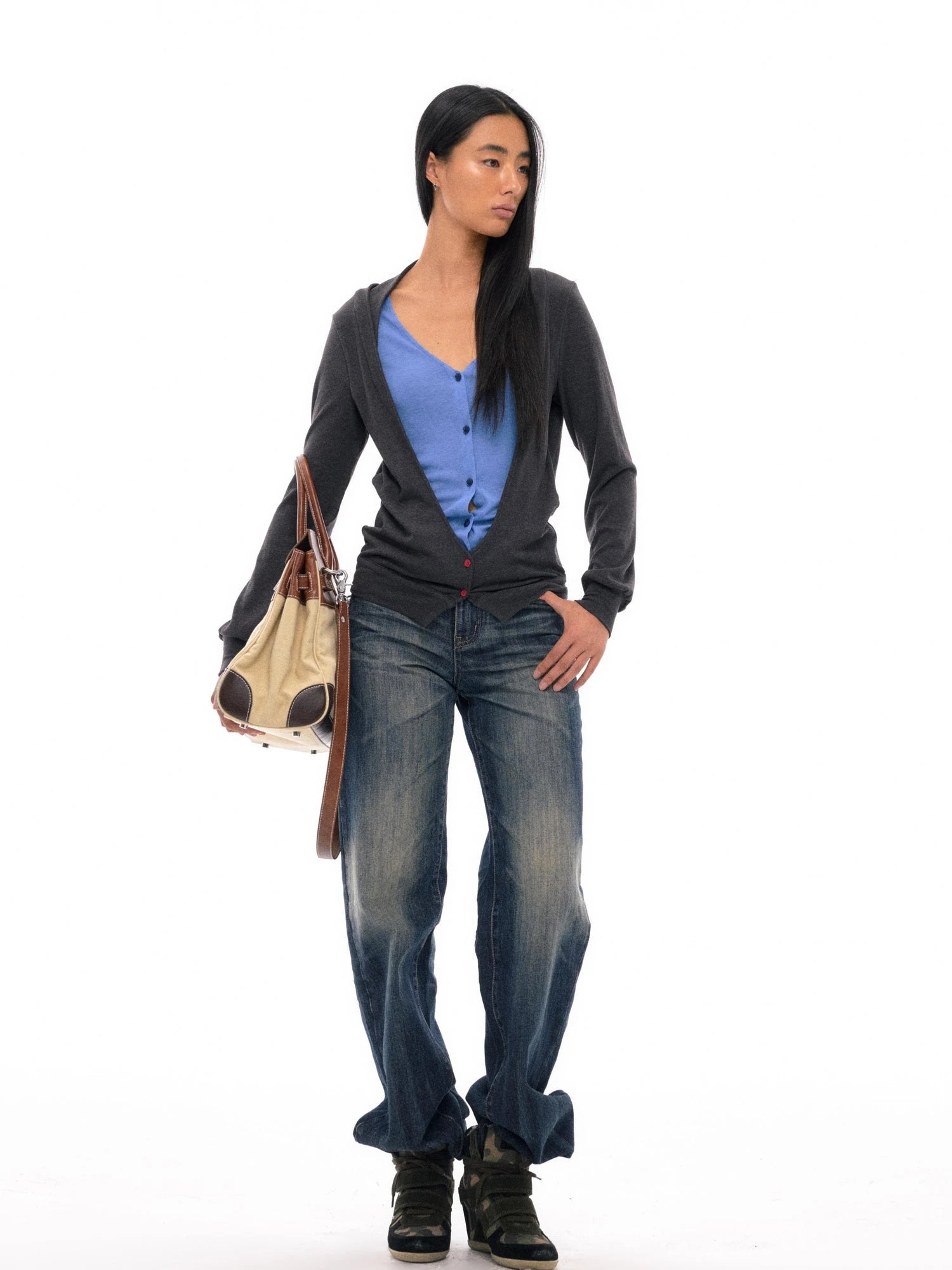 Tencel Merino Wool Blend Color Block Open Front Knit Top