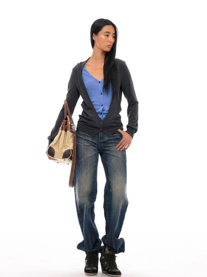 Tencel Merino Wool Blend Color Block Open Front Knit Top