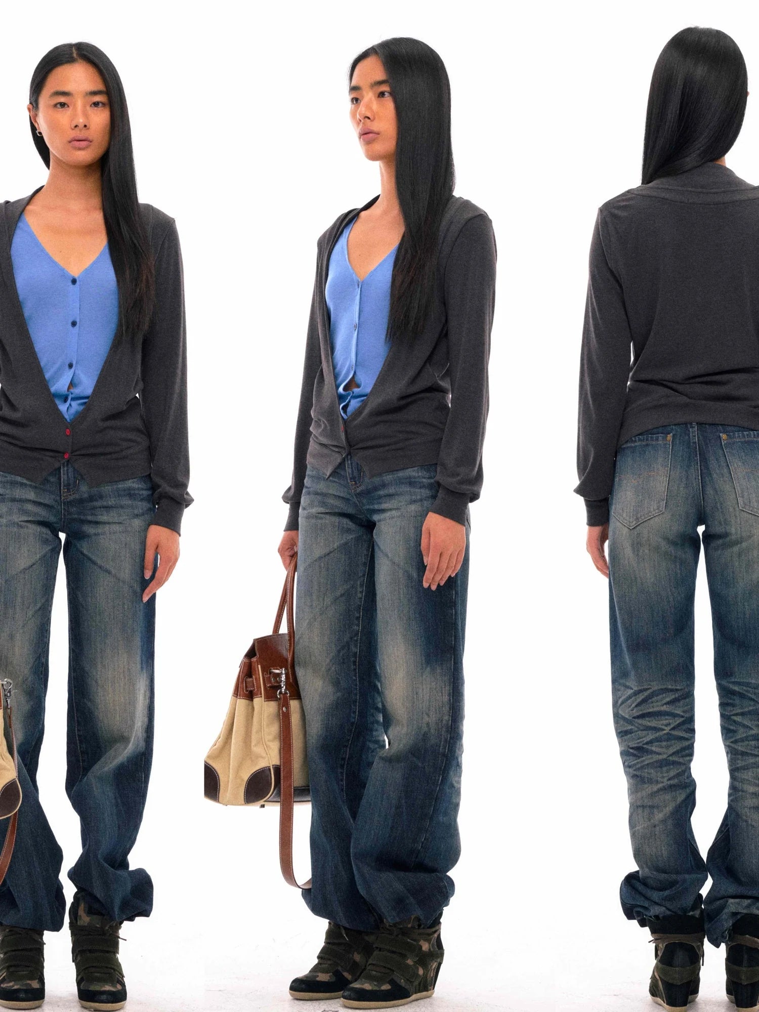 Tencel Merino Wool Blend Color Block Open Front Knit Top