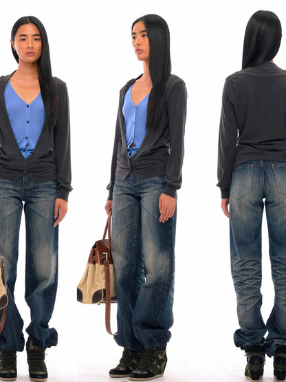 Tencel Merino Wool Blend Color Block Open Front Knit Top