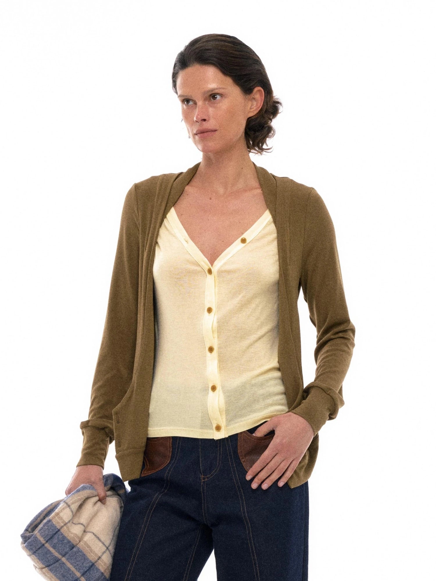 Tencel Merino Wool Blend Color Block Open Front Knit Top