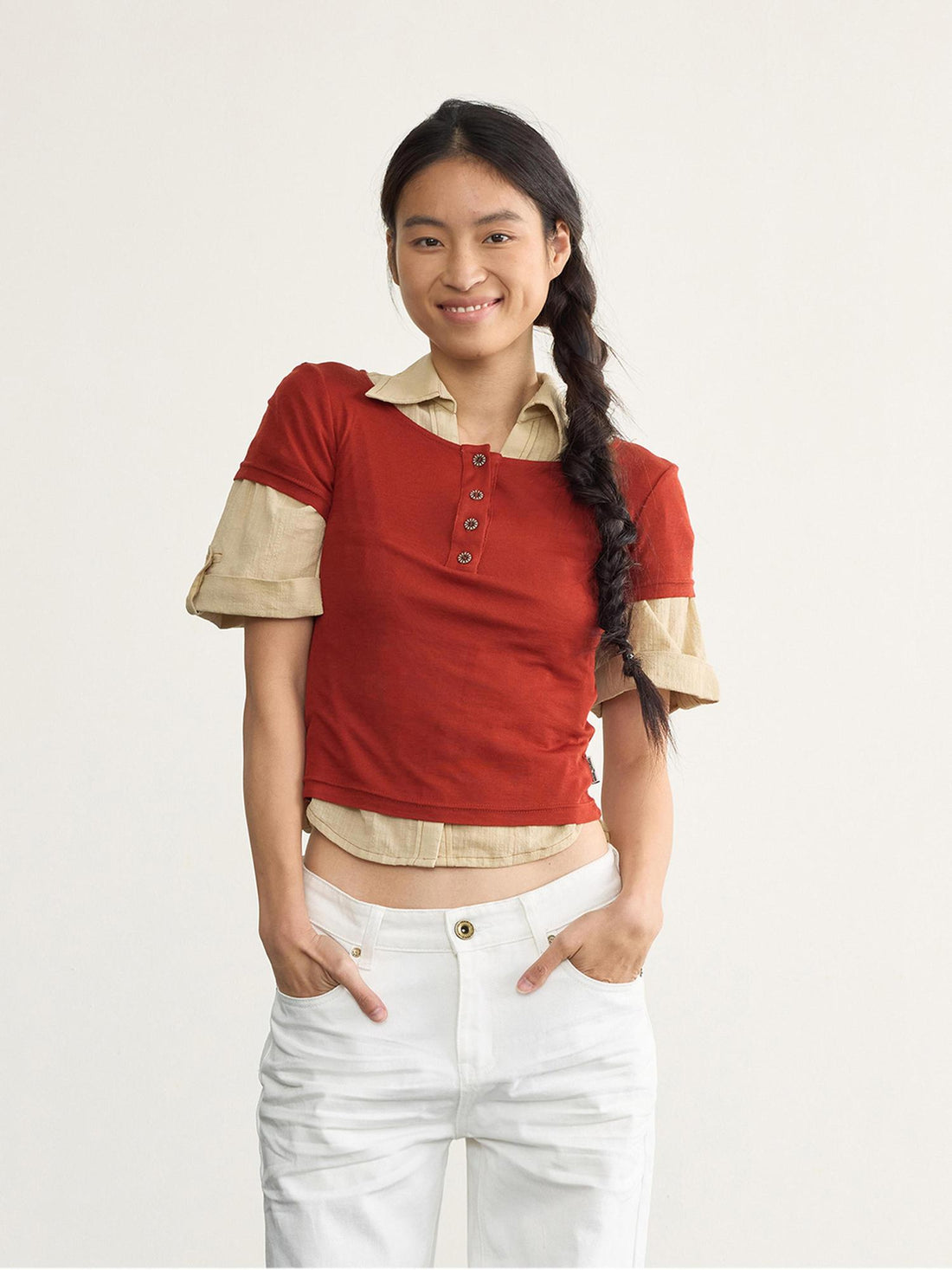 NyDkyel Tencel Wool Henley Knit Tee With Back Strap Detail