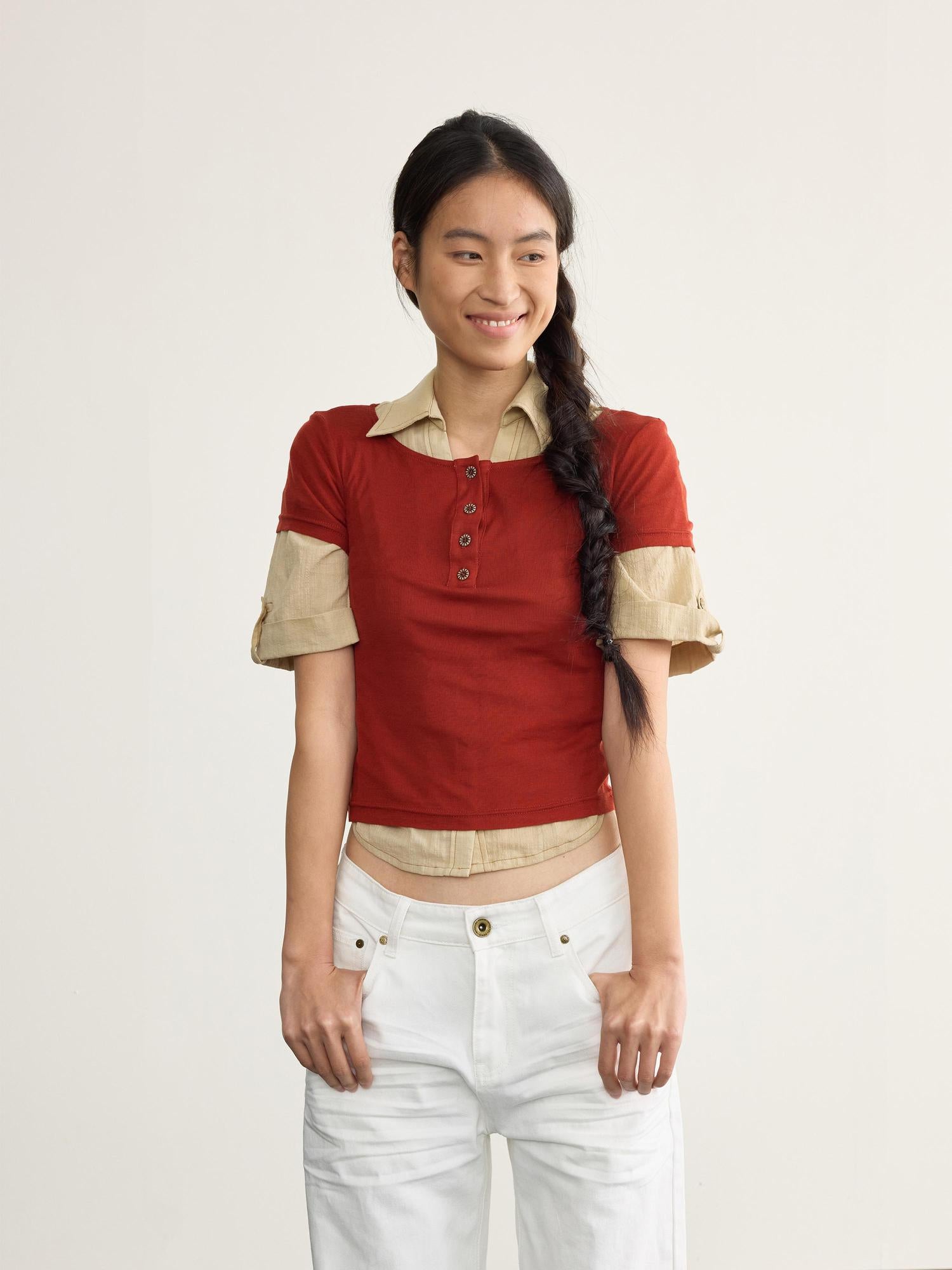NyDkyel Tencel Wool Henley Knit Tee With Back Strap Detail