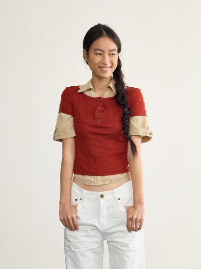 NyDkyel Tencel Wool Henley Knit Tee With Back Strap Detail