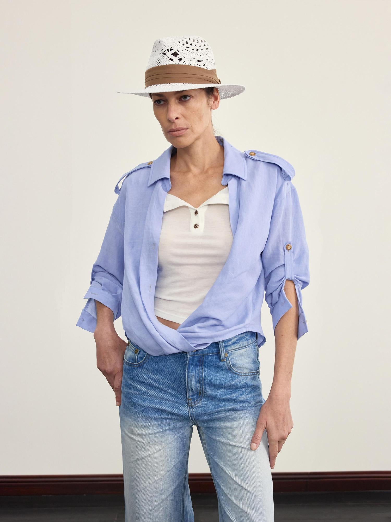 NyDkyel Tencel Wool Henley Knit Tee With Back Strap Detail