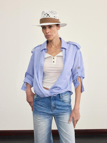 NyDkyel Tencel Wool Henley Knit Tee With Back Strap Detail
