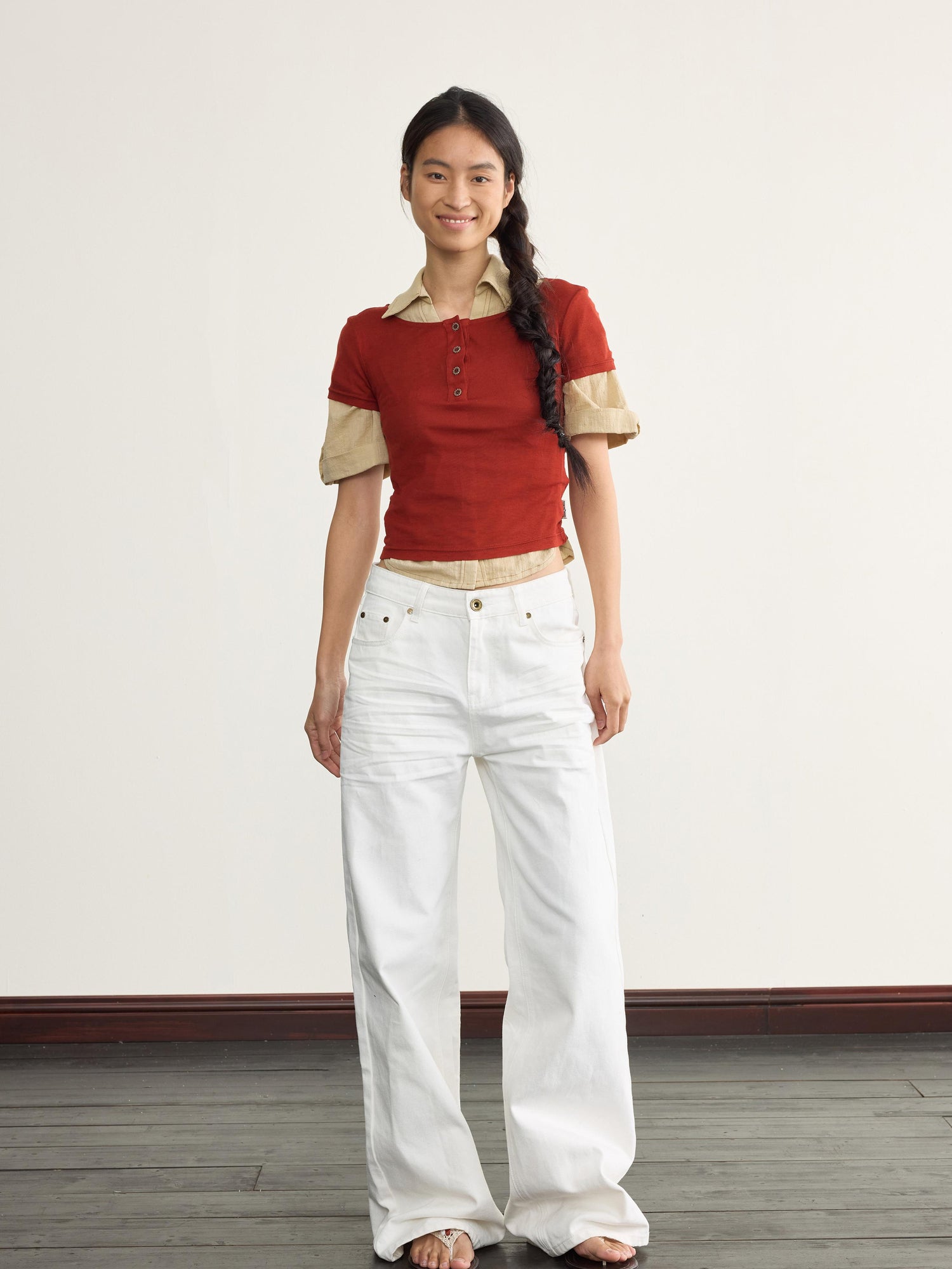 NyDkyel Tencel Wool Henley Knit Tee With Back Strap Detail