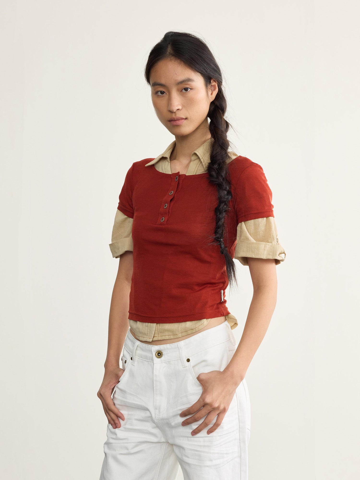 NyDkyel Tencel Wool Henley Knit Tee With Back Strap Detail