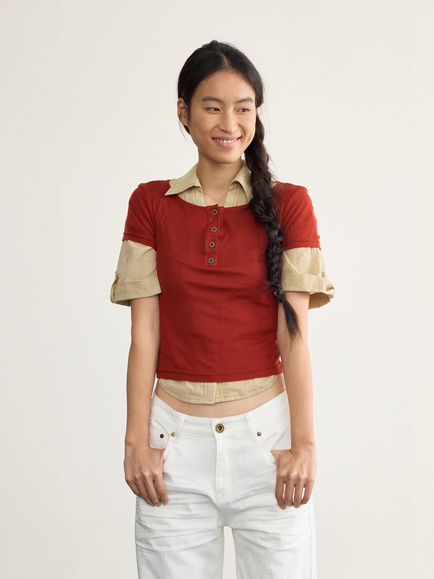 NyDkyel Tencel Wool Henley Knit Tee With Back Strap Detail