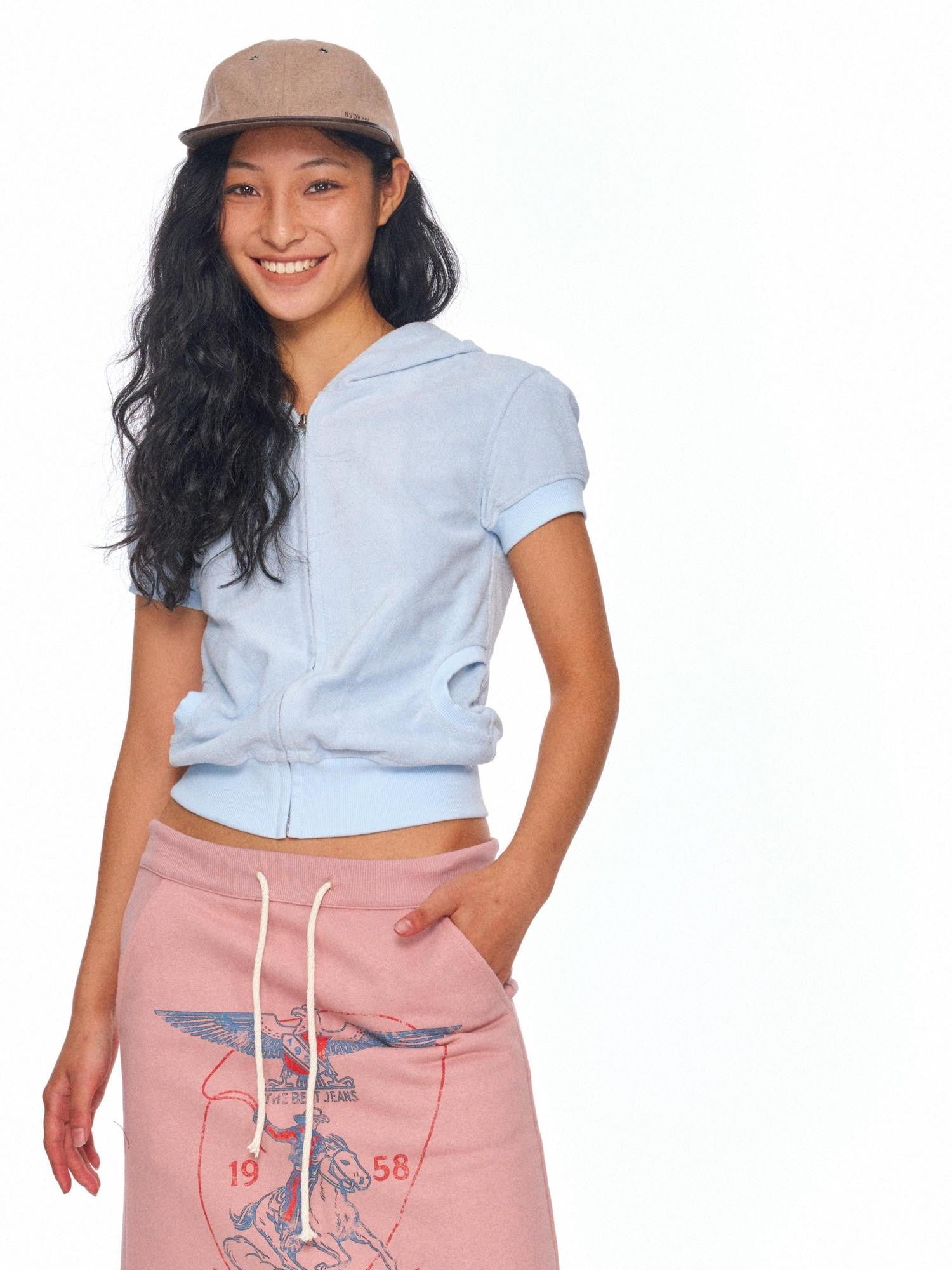 NyDkyel Terry Hooded Short Sleeve Zip High Waist Women&