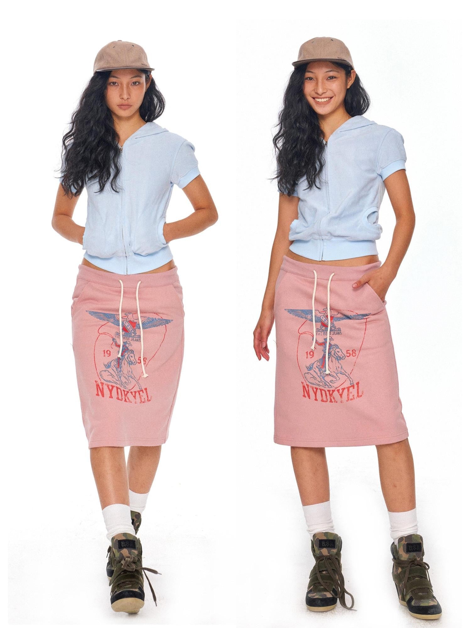 NyDkyel Terry Hooded Short Sleeve Zip High Waist Women&