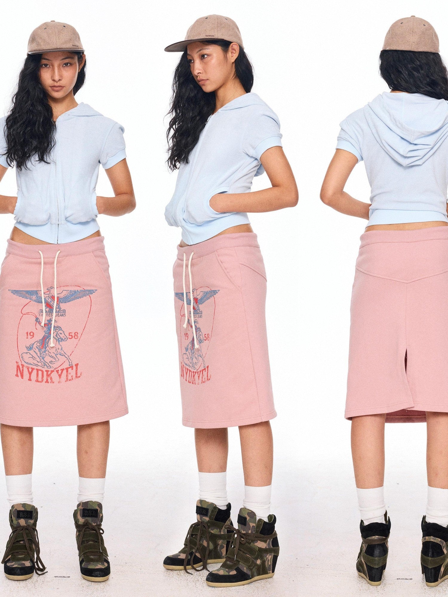 NyDkyel Terry Hooded Short Sleeve Zip High Waist Women&