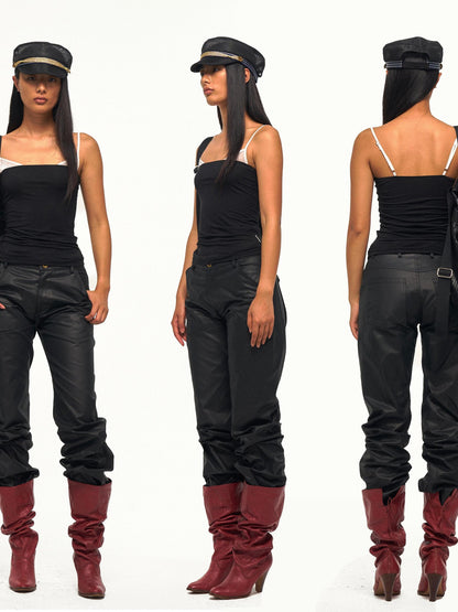 NyDkyel Textured Faux Leather Slanted Pockets Straight Women&