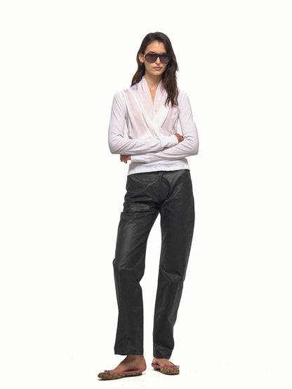 NyDkyel Textured Faux Leather Slanted Pockets Straight Women&