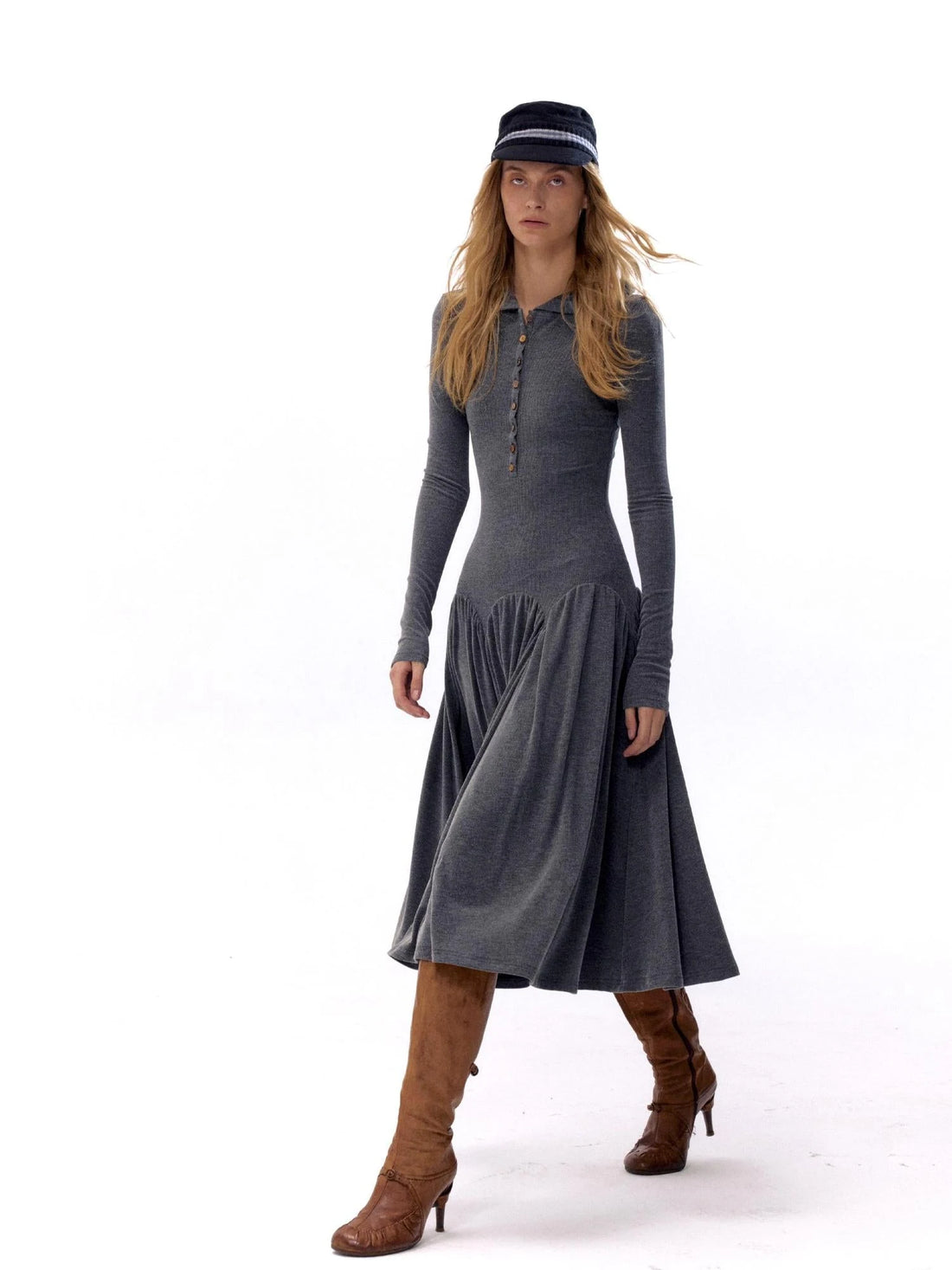 Textured Rib Knit Hooded Dress With Irregular Button Accents