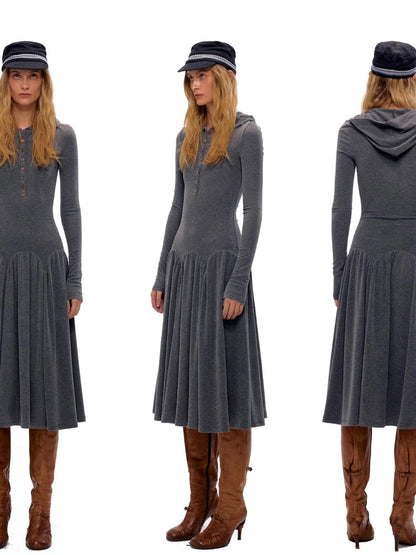 Textured Rib Knit Hooded Dress With Irregular Button Accents