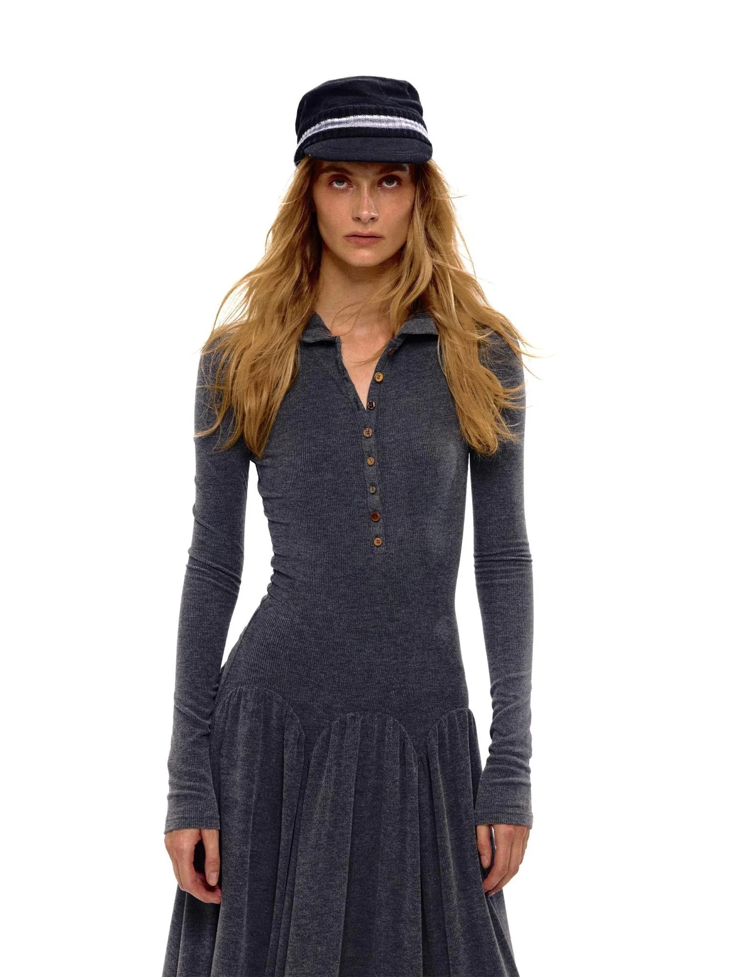 Textured Rib Knit Hooded Dress With Irregular Button Accents