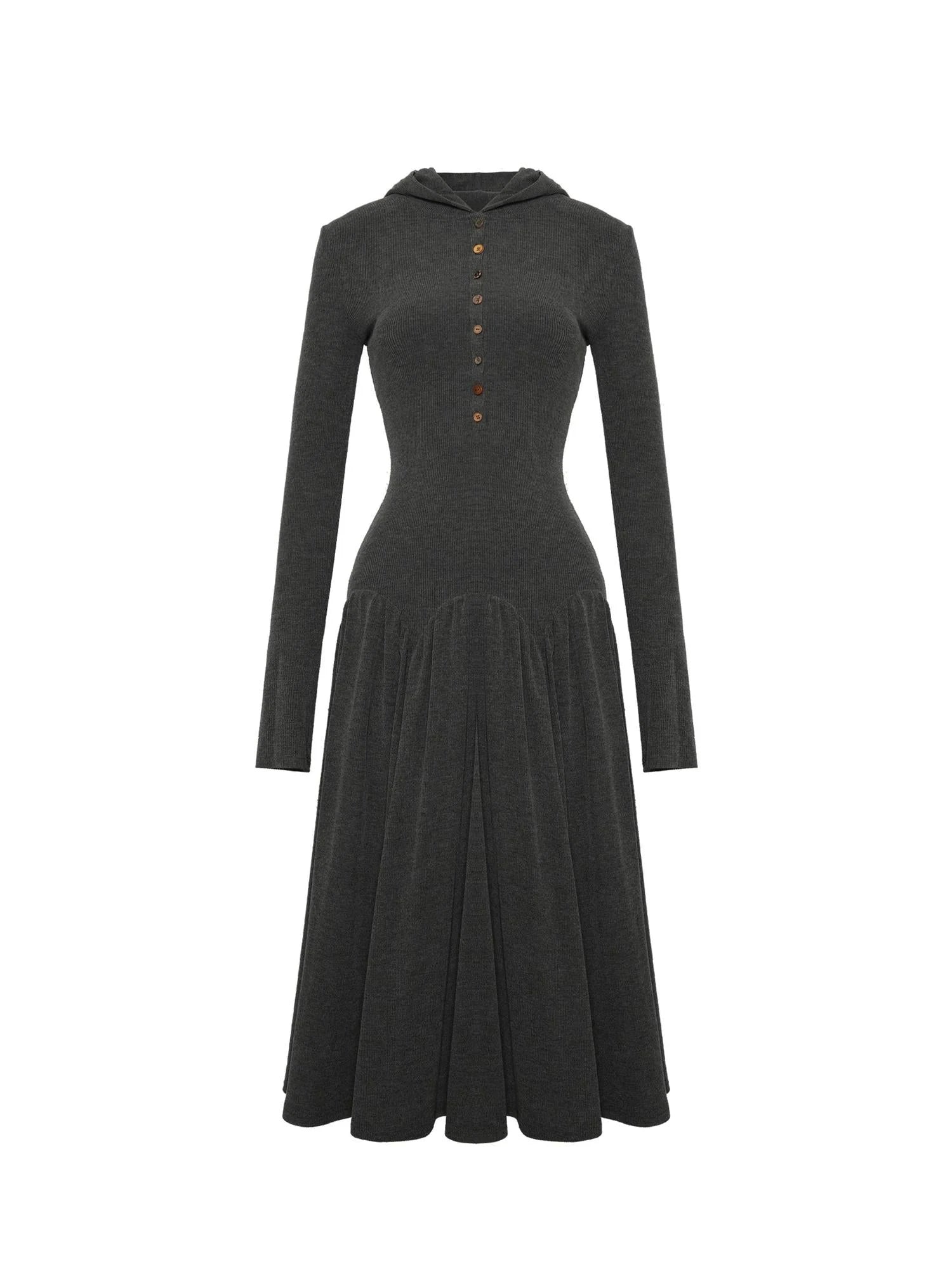 Textured Rib Knit Hooded Dress With Irregular Button Accents