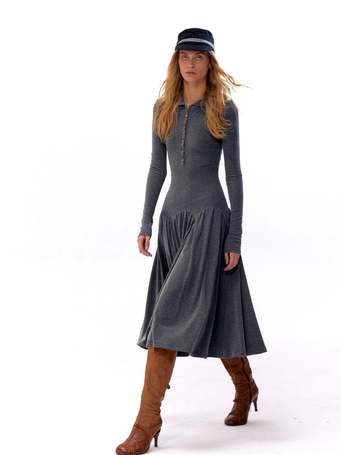 Textured Rib Knit Hooded Dress With Irregular Button Accents
