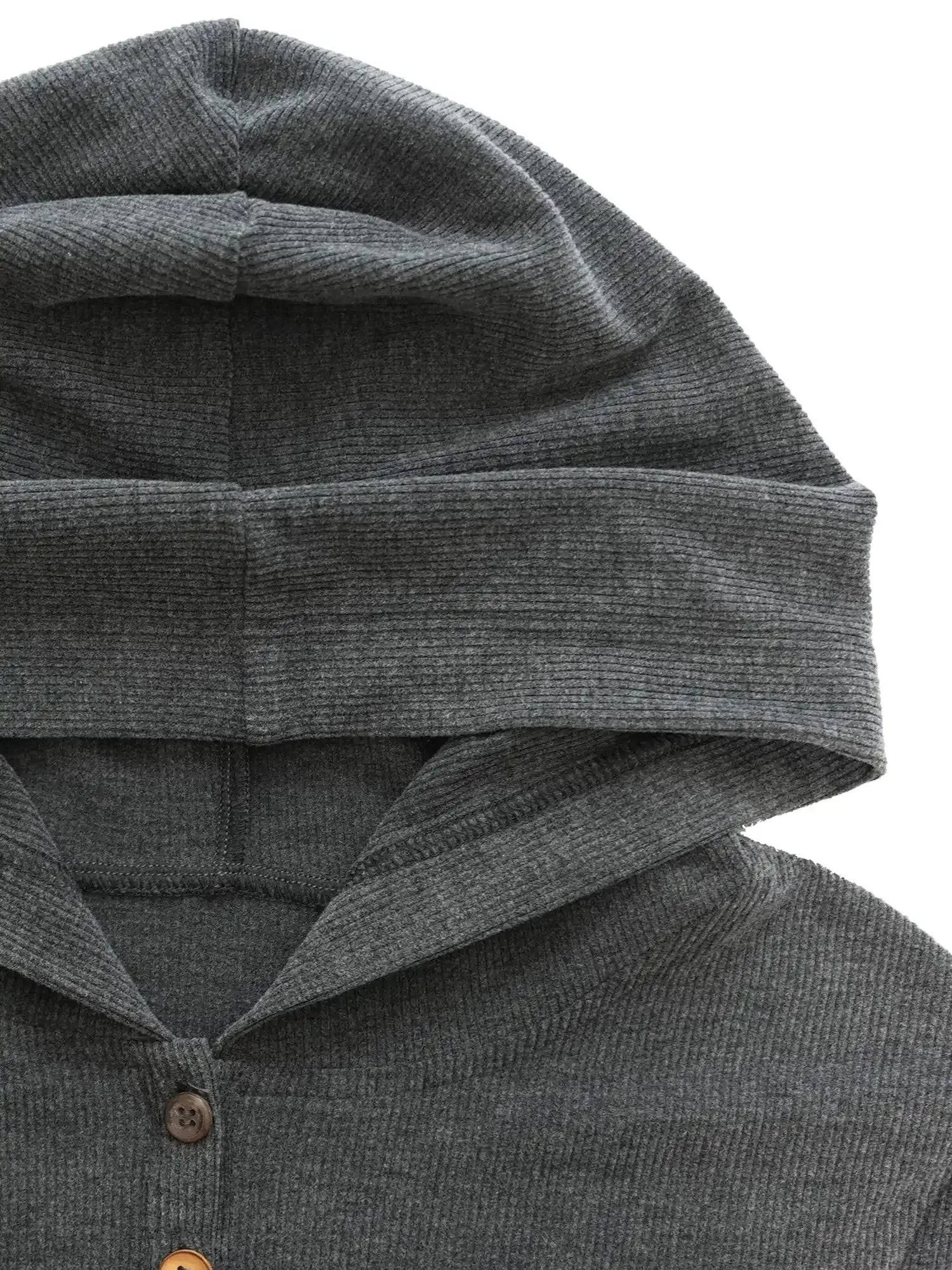 Textured Rib Knit Hooded Dress With Irregular Button Accents