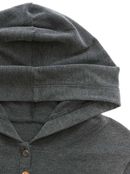 Textured Rib Knit Hooded Dress With Irregular Button Accents
