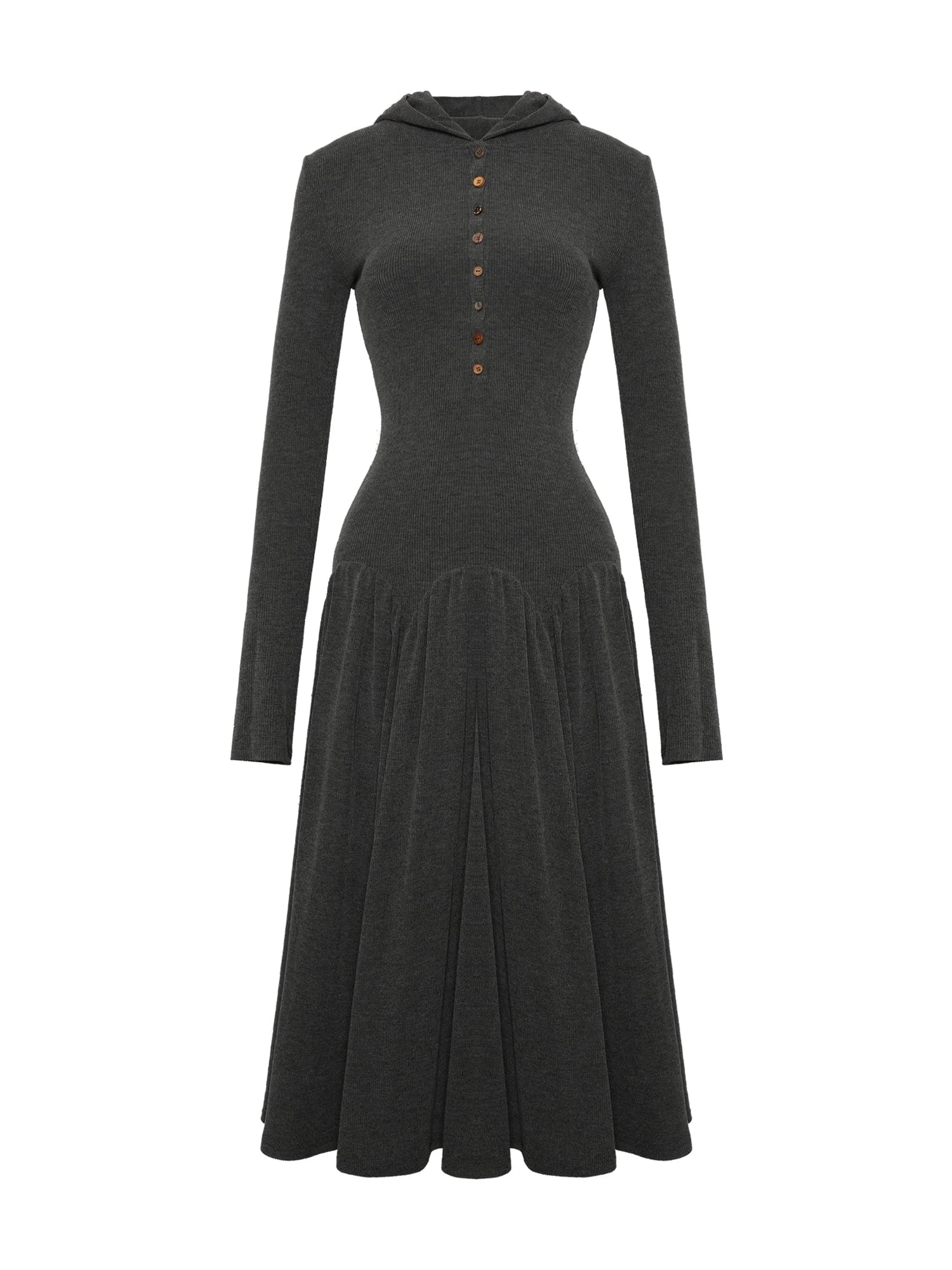 Textured Rib Knit Hooded Dress With Irregular Button Accents