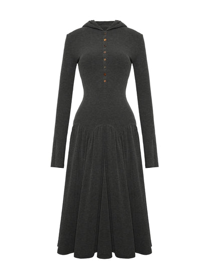 Textured Rib Knit Hooded Dress With Irregular Button Accents
